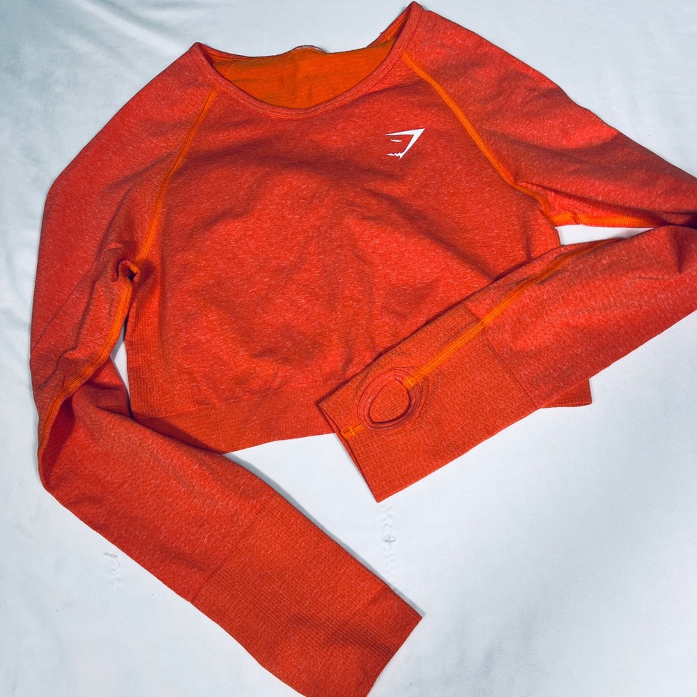 Gymshark‎ Vital Seamless Long Sleeve Crop Top Orange Marl Thumbholes Workout